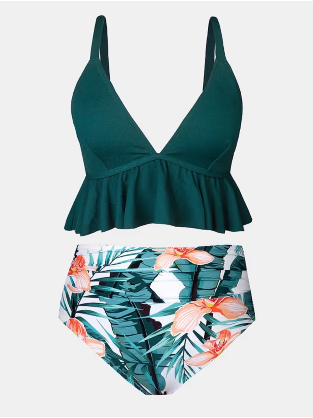 Cupshe Green Ruffle Tankini Swim Top High Waist Tropical Print Bottom size 3X